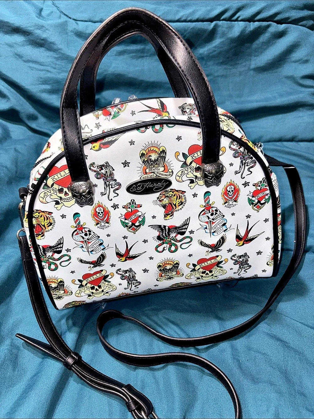 Ed Hardy Lunch Tote with Thermal Lining Tattoo Print Tote in White & Black NWT
